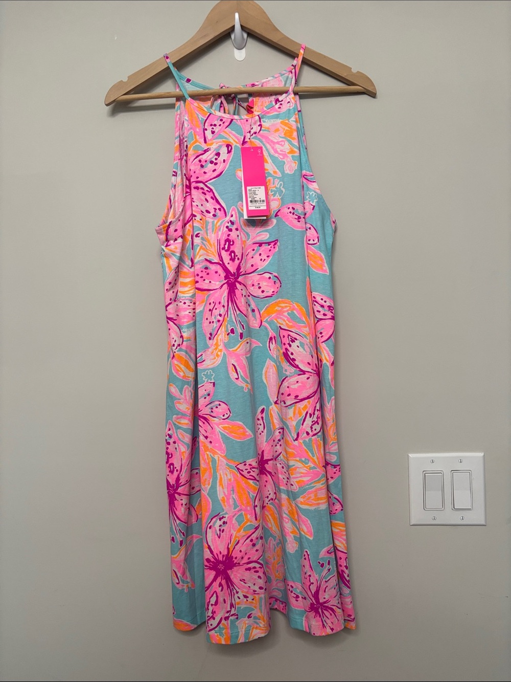 Lilly Pulitzer Aqua Halter Tank Dress with Pink & Orange Floral NWT M Medium